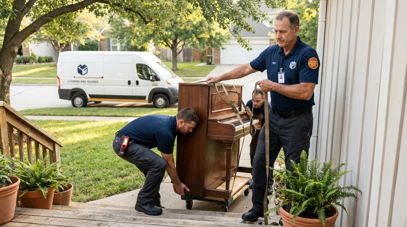 Licensed piano movers securing grand piano in Nassau, NY