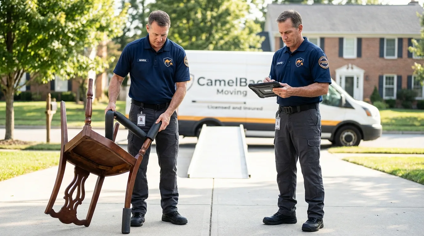 Movers inspecting furniture for damage prevention before loading in Nassau, NY